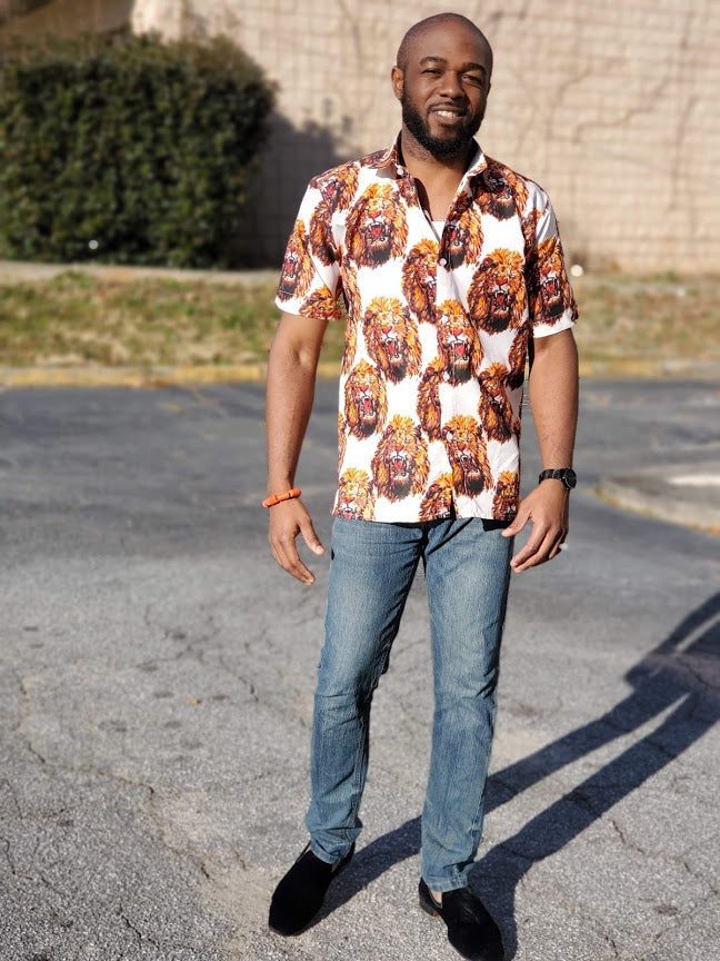 Lion Head African Print button down Shirt-DPIS510、mySite、solidvoid