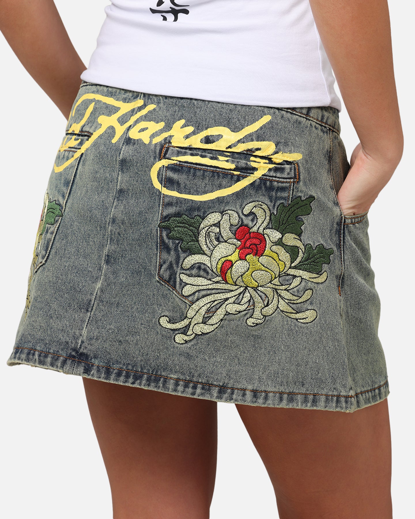 Ed Hardy Women's Flora Denim Mini Skirt Dirty Blue、mySite、zt4zffjzw