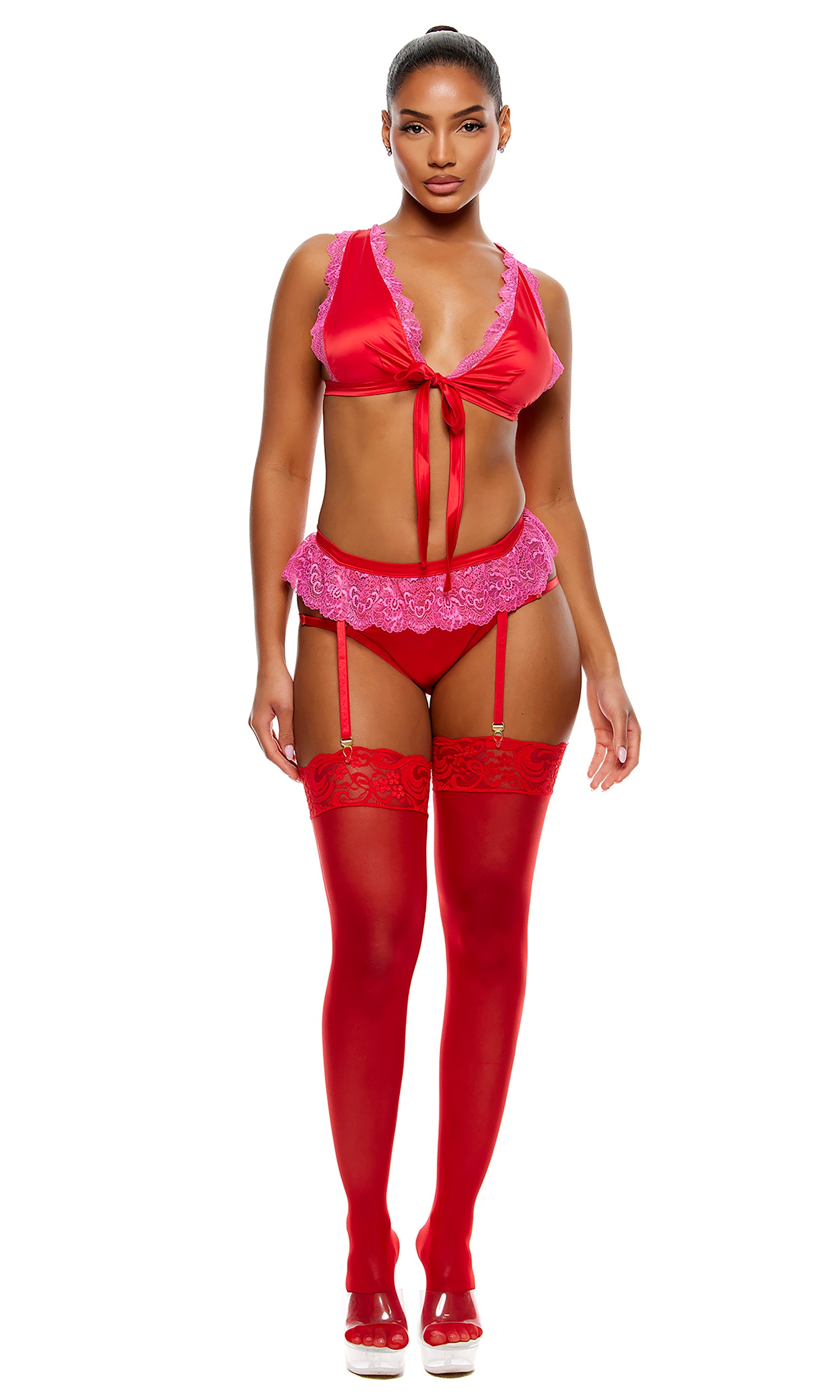 No Strings Attached Satin and Mesh Lace Trim Bra and Garter Belt Lingerie Set - Red Pink、mySite、bengalsvssteelers