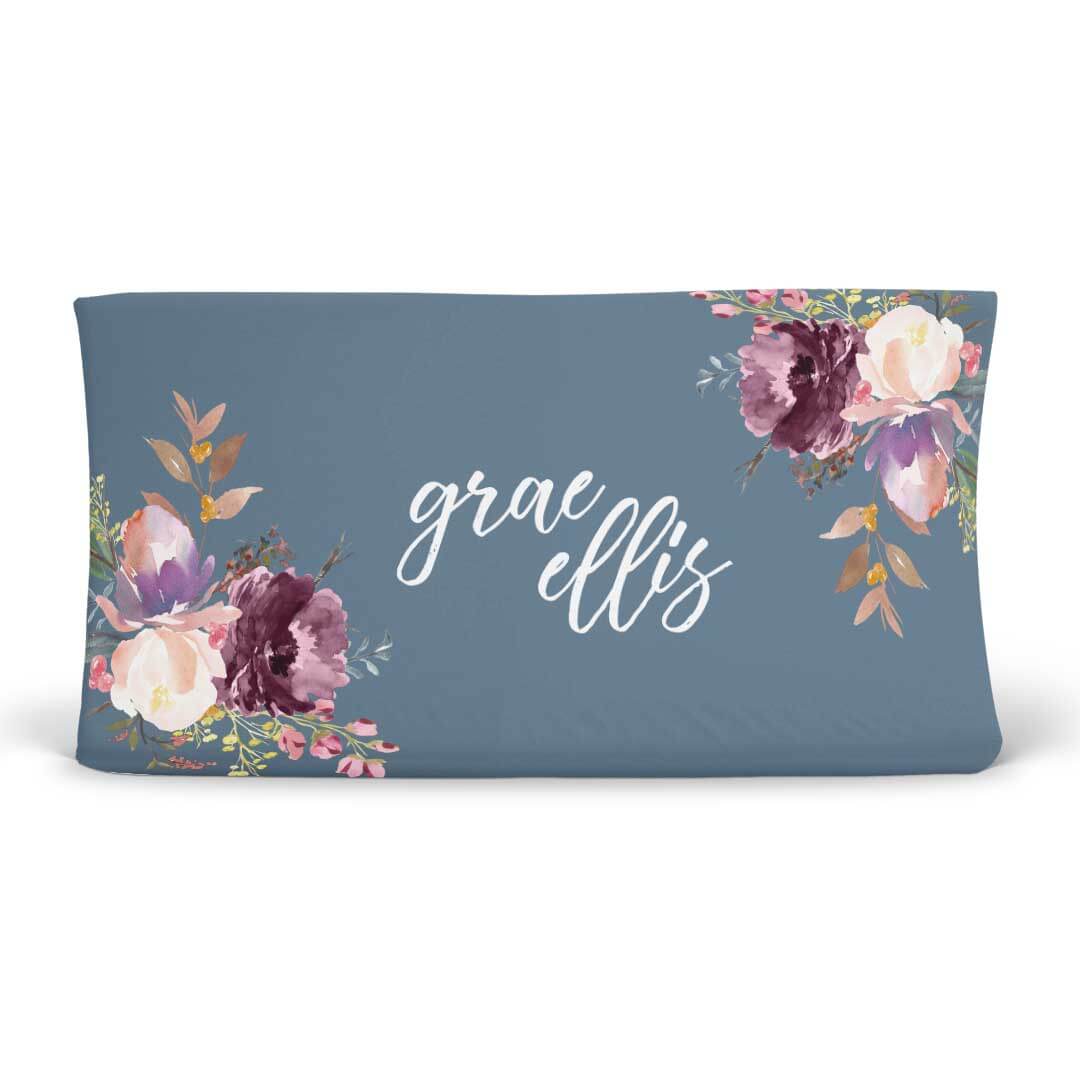  Grae's Dusty Blue Floral Personalized Changing Pad Cover、mySite、layawaytickets