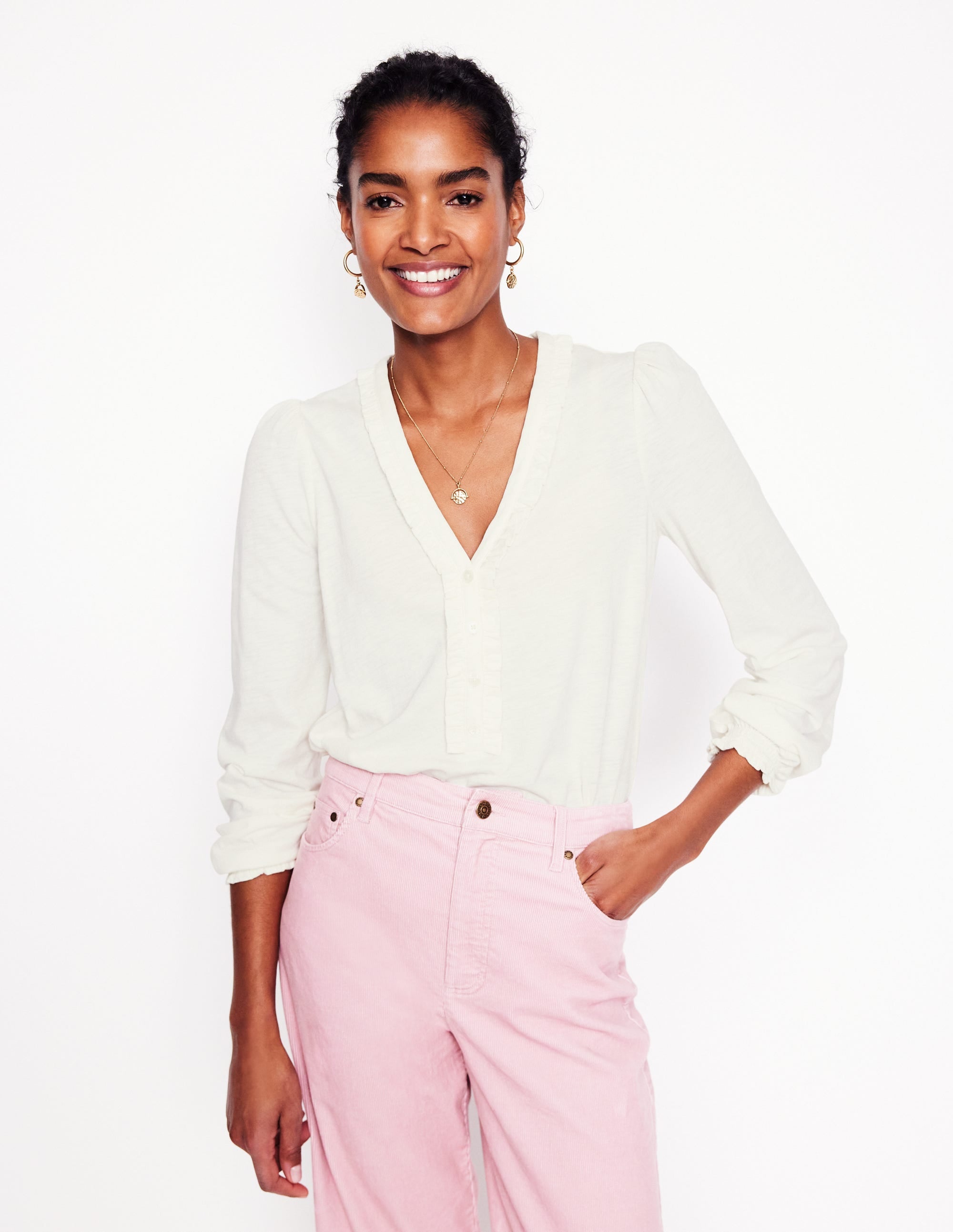  Poppy Ruffled Henley Top-Ivory、mySite、ashleygrahame