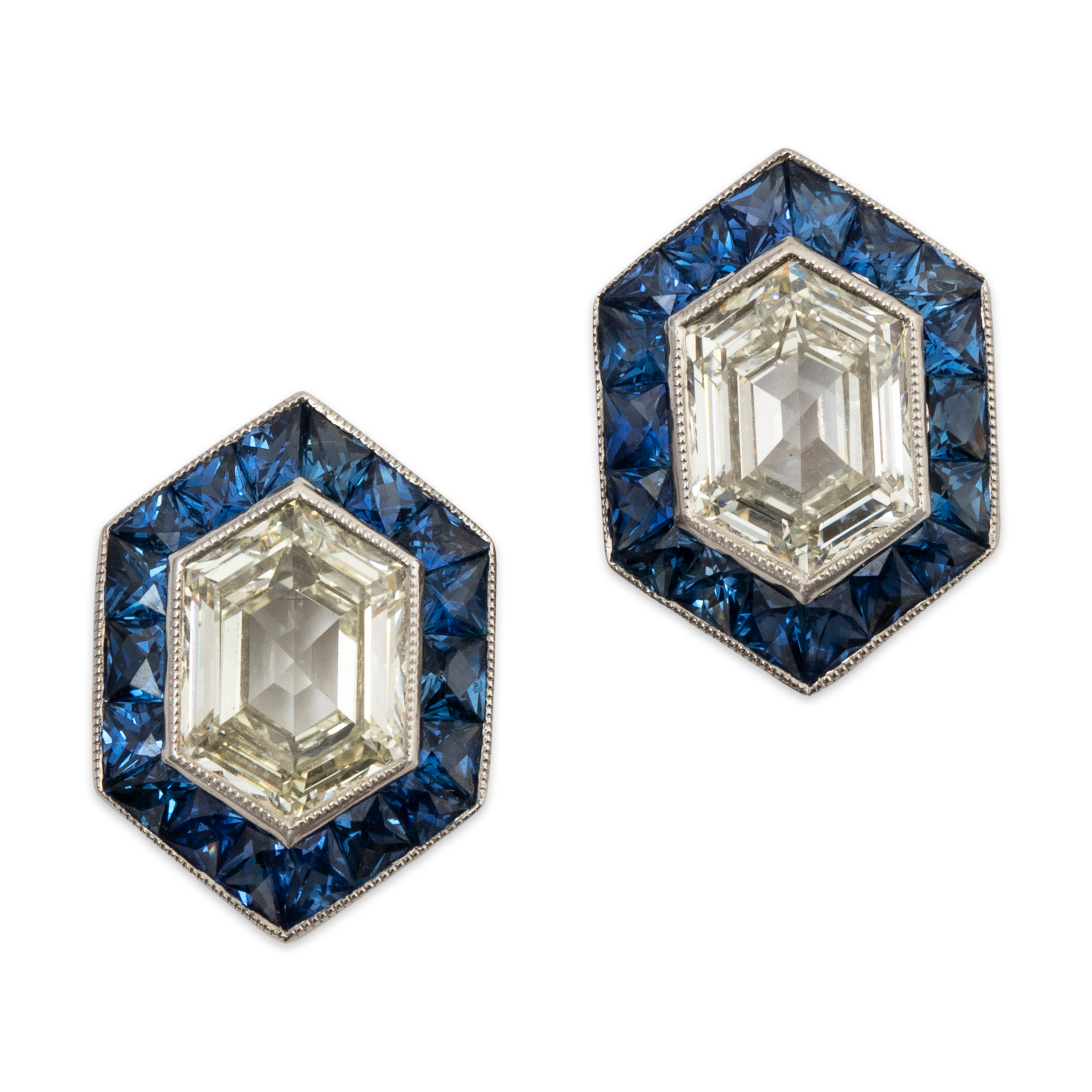 Abbott & Oaks Platinum 1.88cttw Hexagon Diamond 1.23cttw Sapphire Stud Earrings、mySite、hinf8tx79