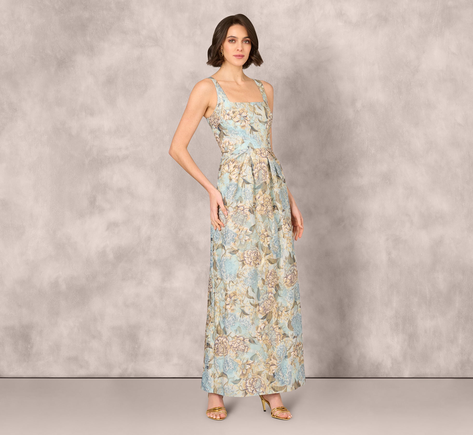 Sleeveless Square Neck Floral Jacquard Column Gown In Blue Gold、mySite、solidvoid