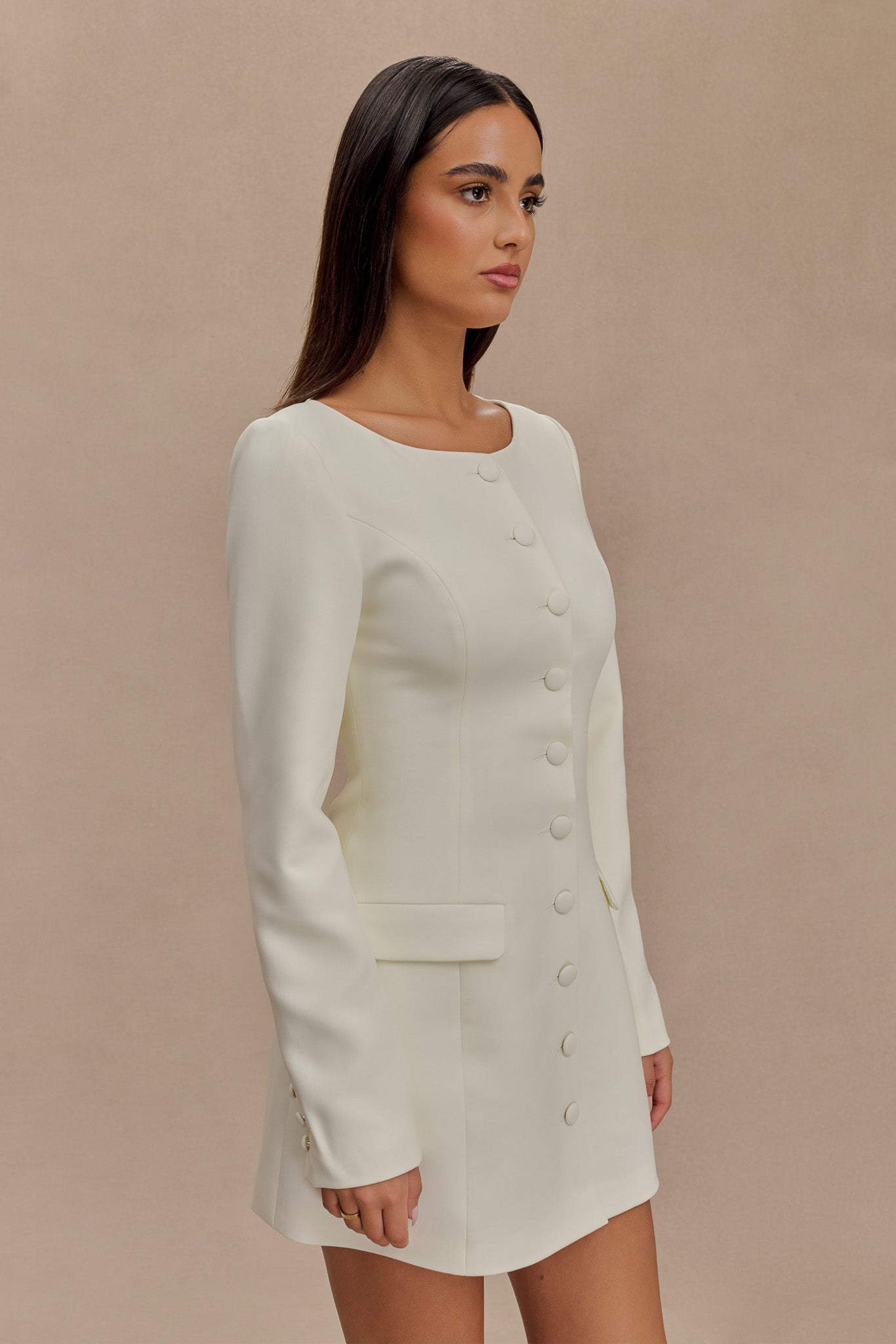 Jolie Boat Neck Suiting Mini Dress - Ivory、mySite、solidvoid