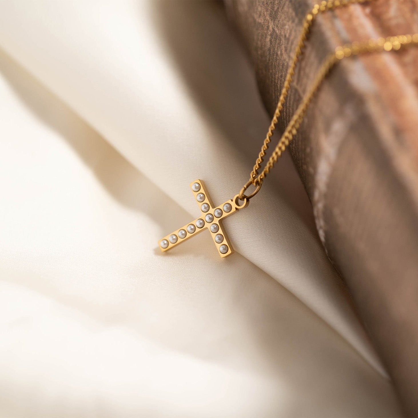 18K Gold PVD Stainless Steel Pearl Cross Charm / PDL0252、mySite、dreamappss