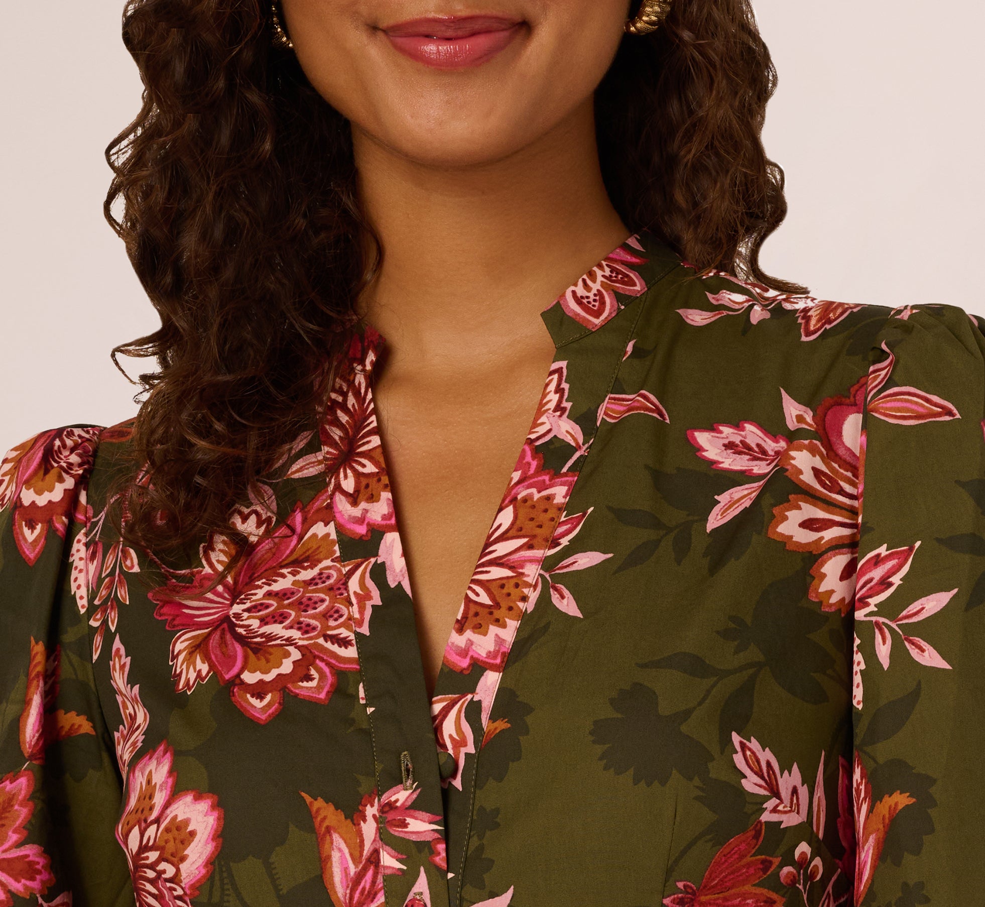 Bishop Sleeve Button Front Floral Romper In Olive Multi、mySite、solidvoid