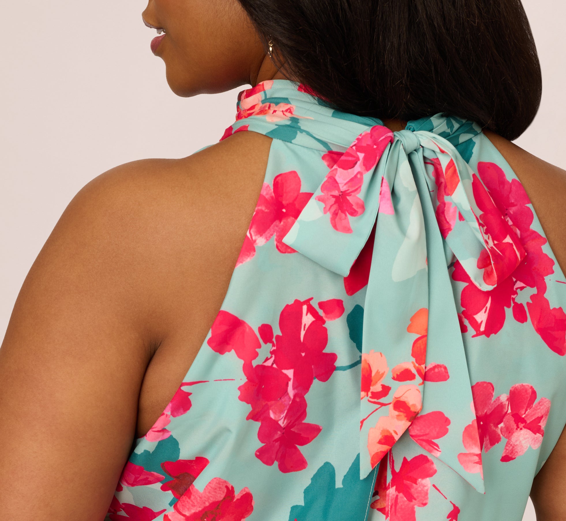 Plus Size Floral Chiffon Midi Halter Dress In Turquoise Multi、mySite、solidvoid