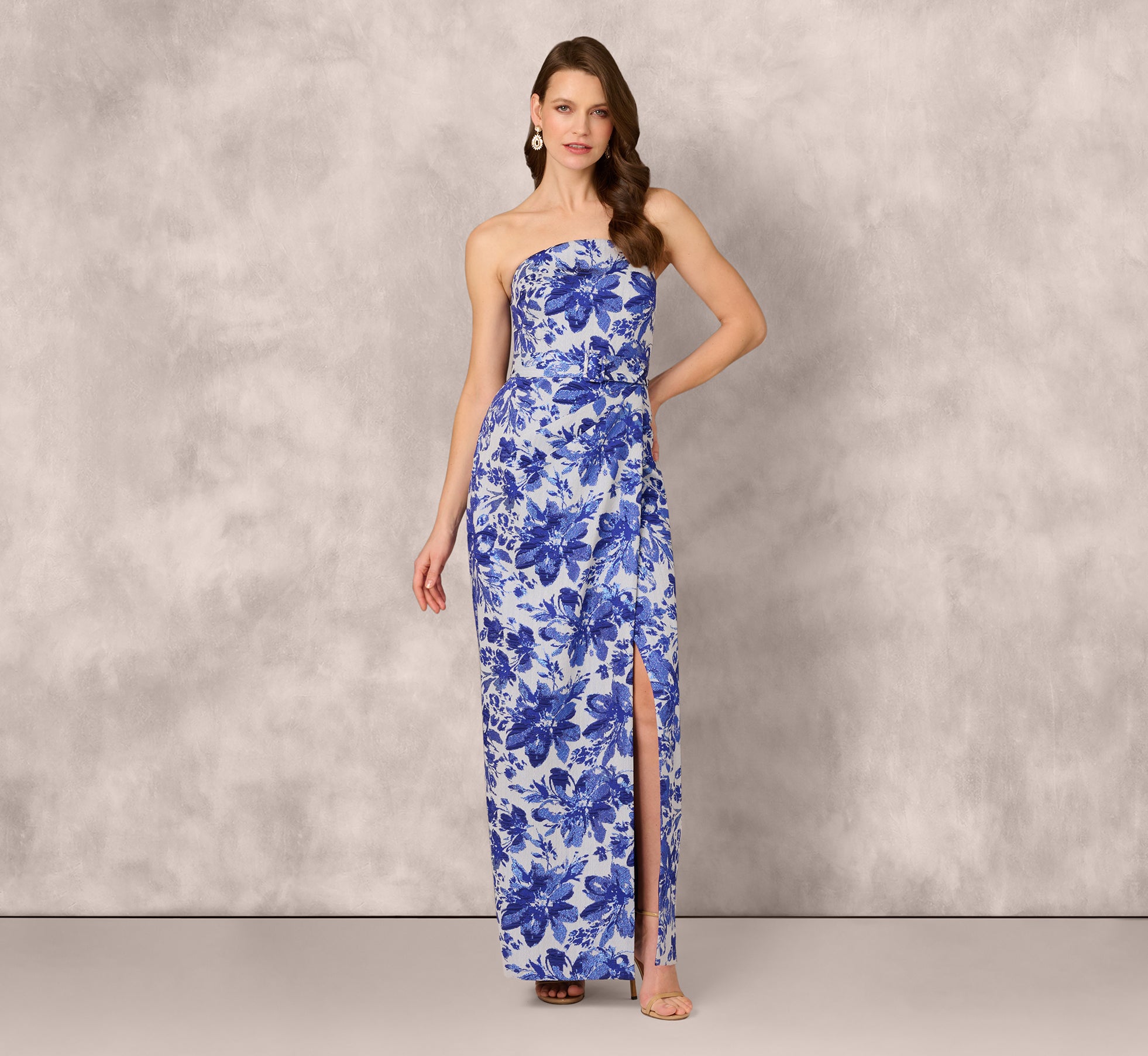 Strapless Belted Floral Jacquard Column Gown In Rich Royal、mySite、solidvoid