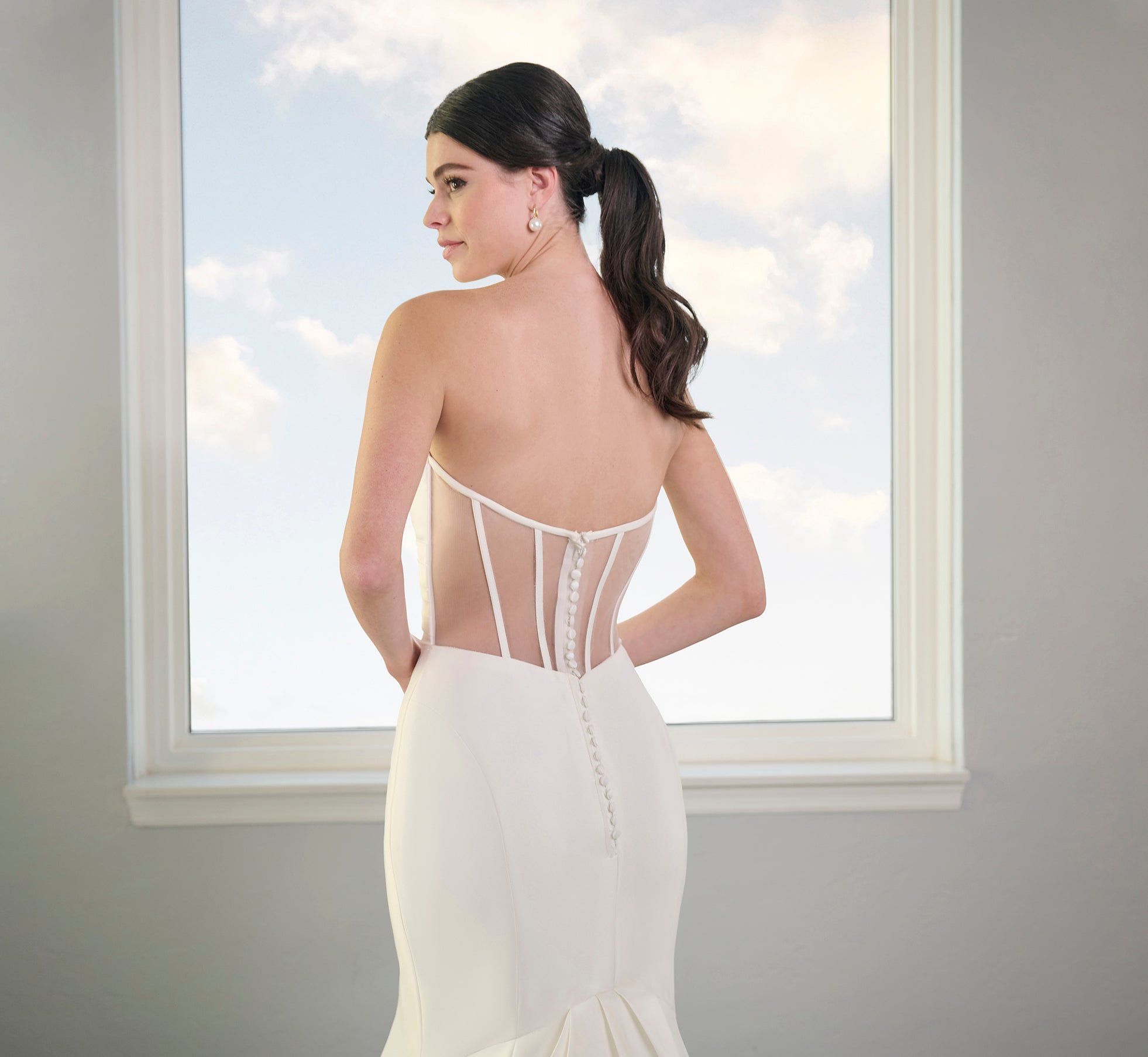 Stretch Mikado Gown With Studded Pearl Jacket In Ivory、mySite、solidvoid