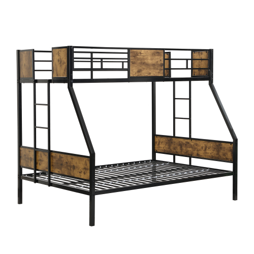 Twin Over FULL Metal Bunk Bed with 2 - Side Ladder and Full-Length Guardrail, No Box Spring Needed, Large Under Bed Storage, Easy Assemble , Black & Brown、、casual