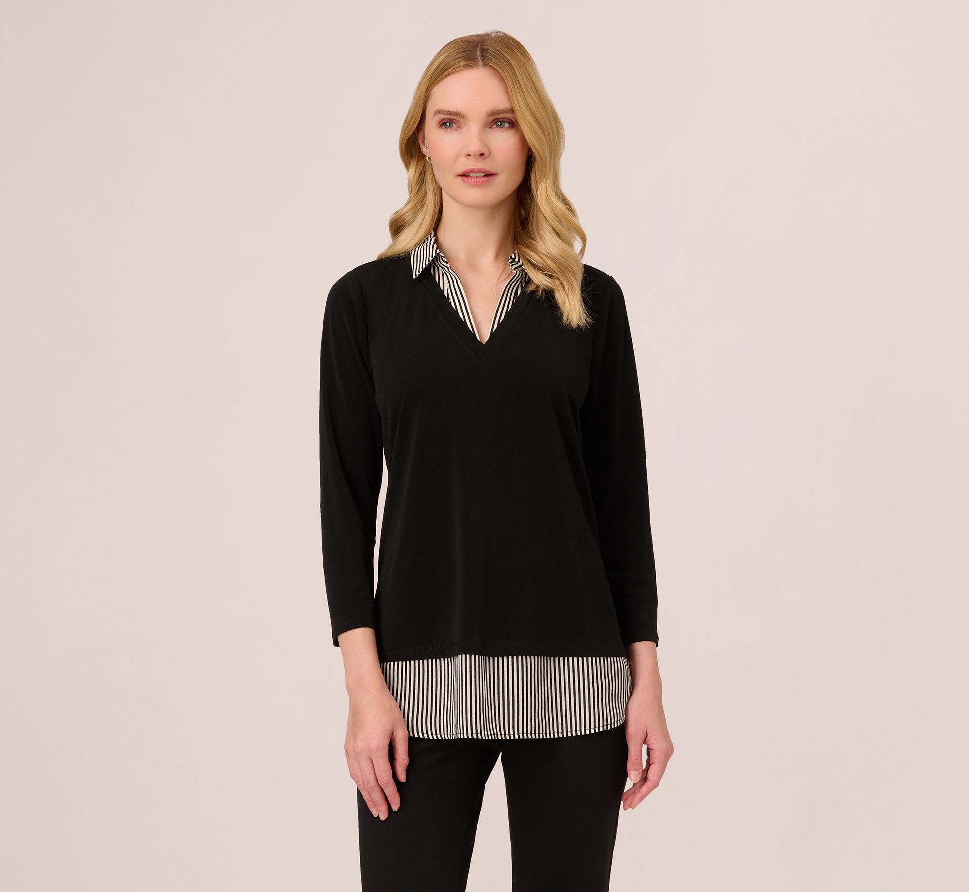 Three Quarter Sleeve Sweater With Button Down Accents In Blackw Black Ivorysmall Stripe、mySite、solidvoid