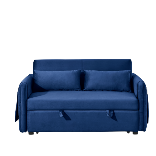 55" Modern Convertible Sofa Bed with 2 Detachable Arm Pockets, Velvet Loveseat Sofa with Pull Out Bed, 2 Pillows and Living Room Adjustable Backrest, Grid Design Armrests、、casual
