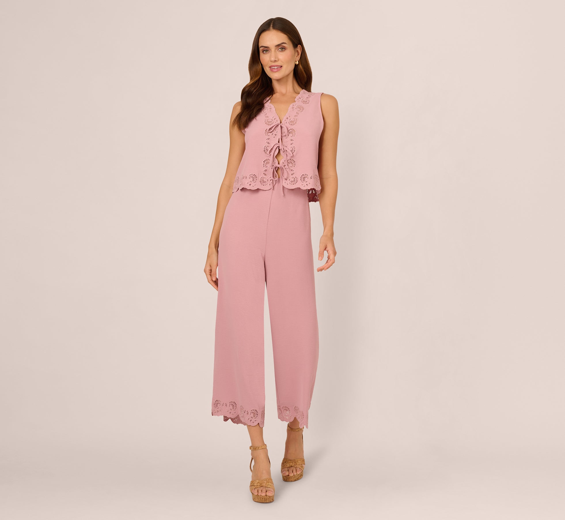 Lace Hem Tie Front Shirt And Pull On Pant Set In Deauville Mauve、mySite、solidvoid