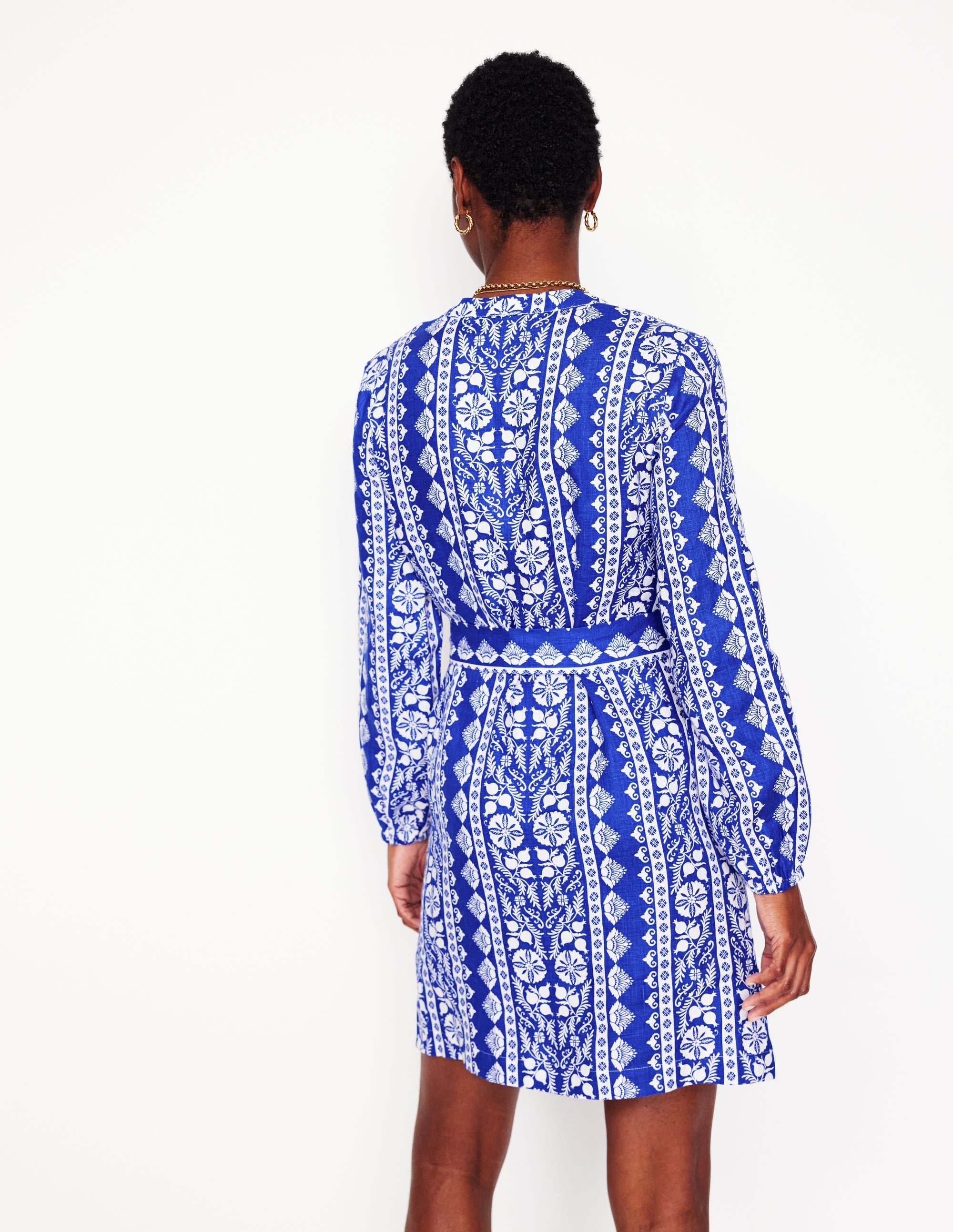  Cleo Tie Waist Linen Dress-Bright Blue, Ornate Stripe、mySite、ashleygrahame