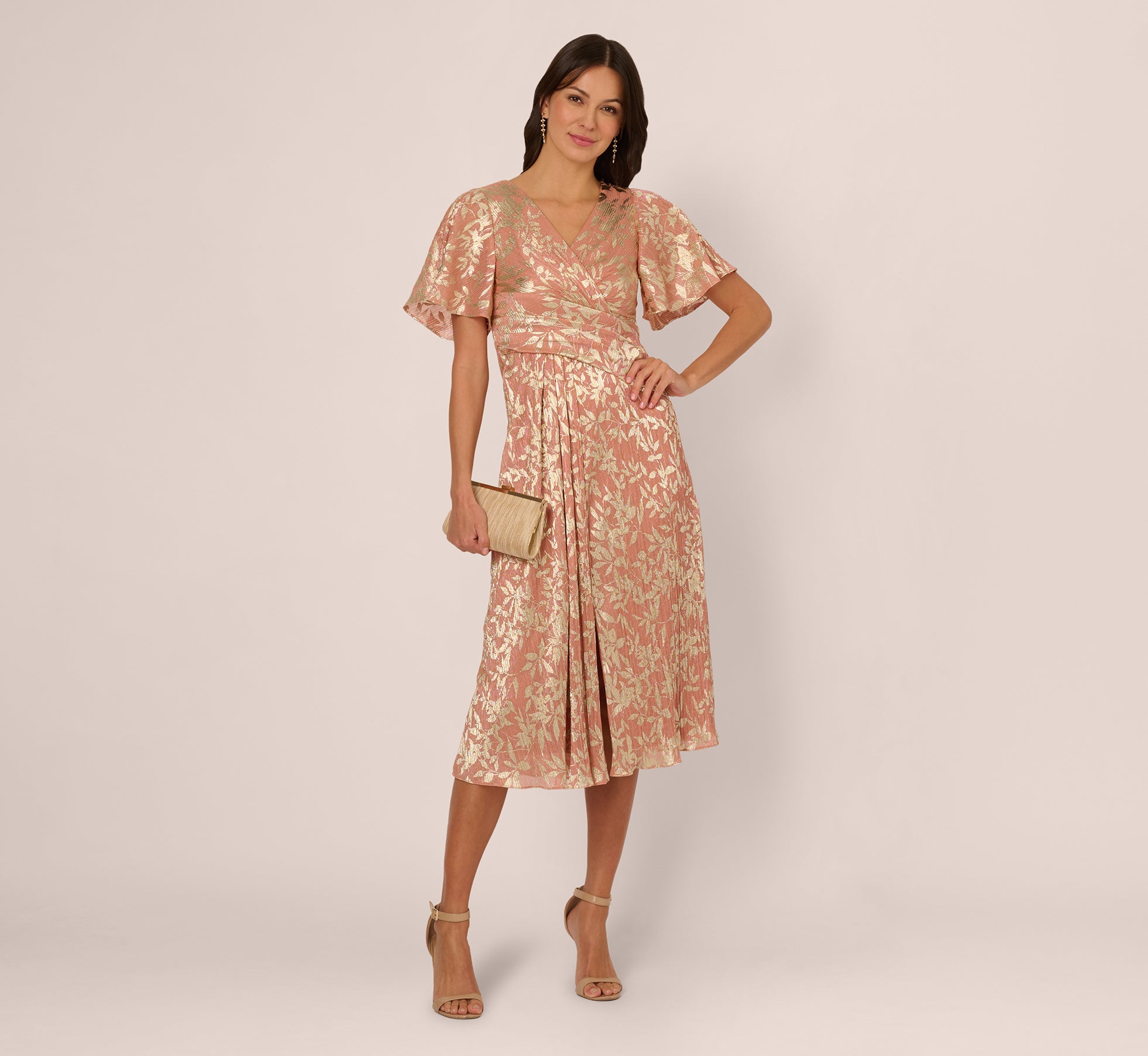 Flutter Sleeve Draped Foil Leaf Midi Dress In Coral Gold、mySite、solidvoid