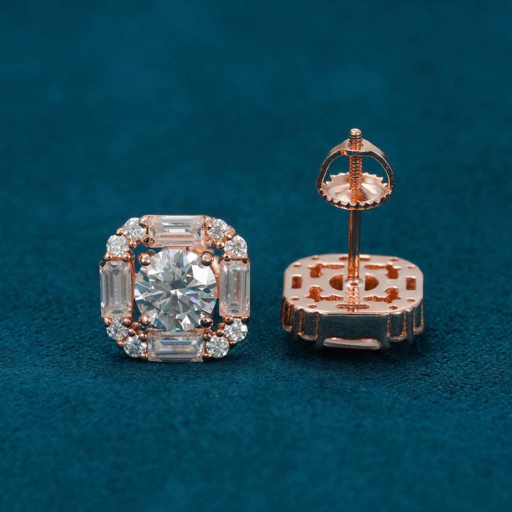 Moissanite Baguette Halo Stud Earrings 14K Gold、mySite、hinf8tx79