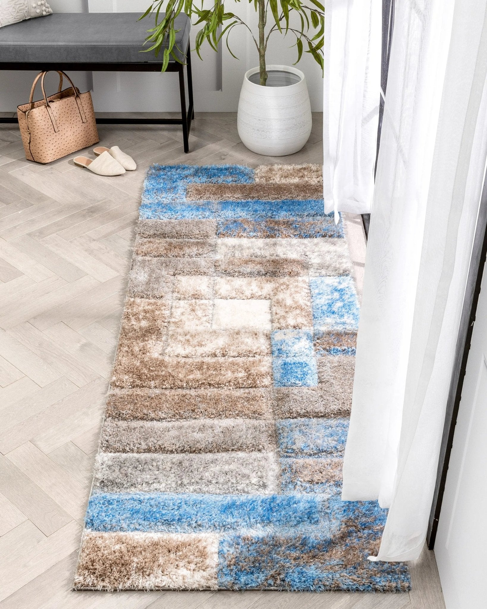 Kenzo Retro Geometric Pattern 3D Textured Shag Grey Light Blue Rug、mySite、gigharbornorthrealestate