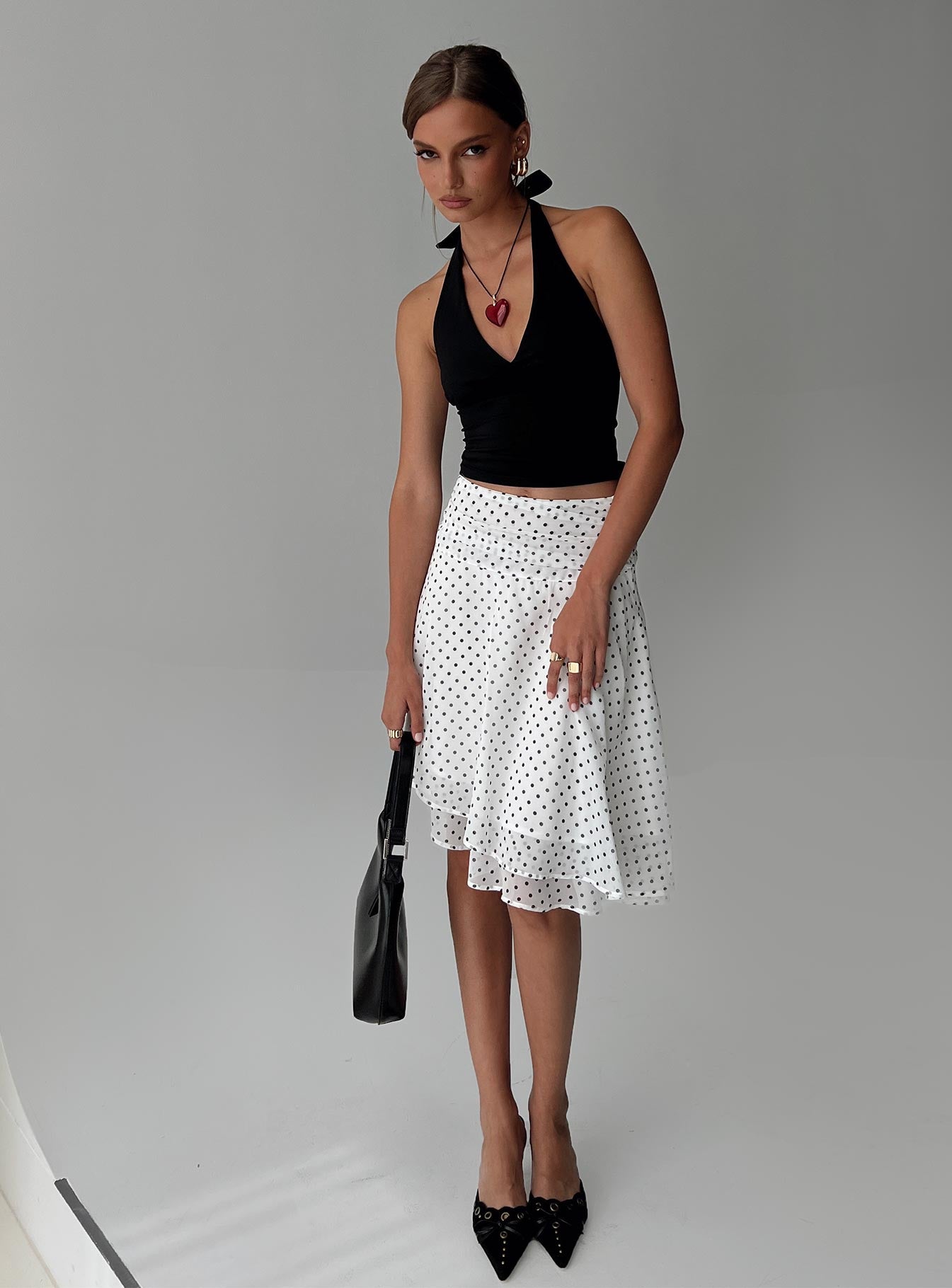 Evanescence Asymmetrical Midi Skirt White / Polka Dot、mySite、solidvoid
