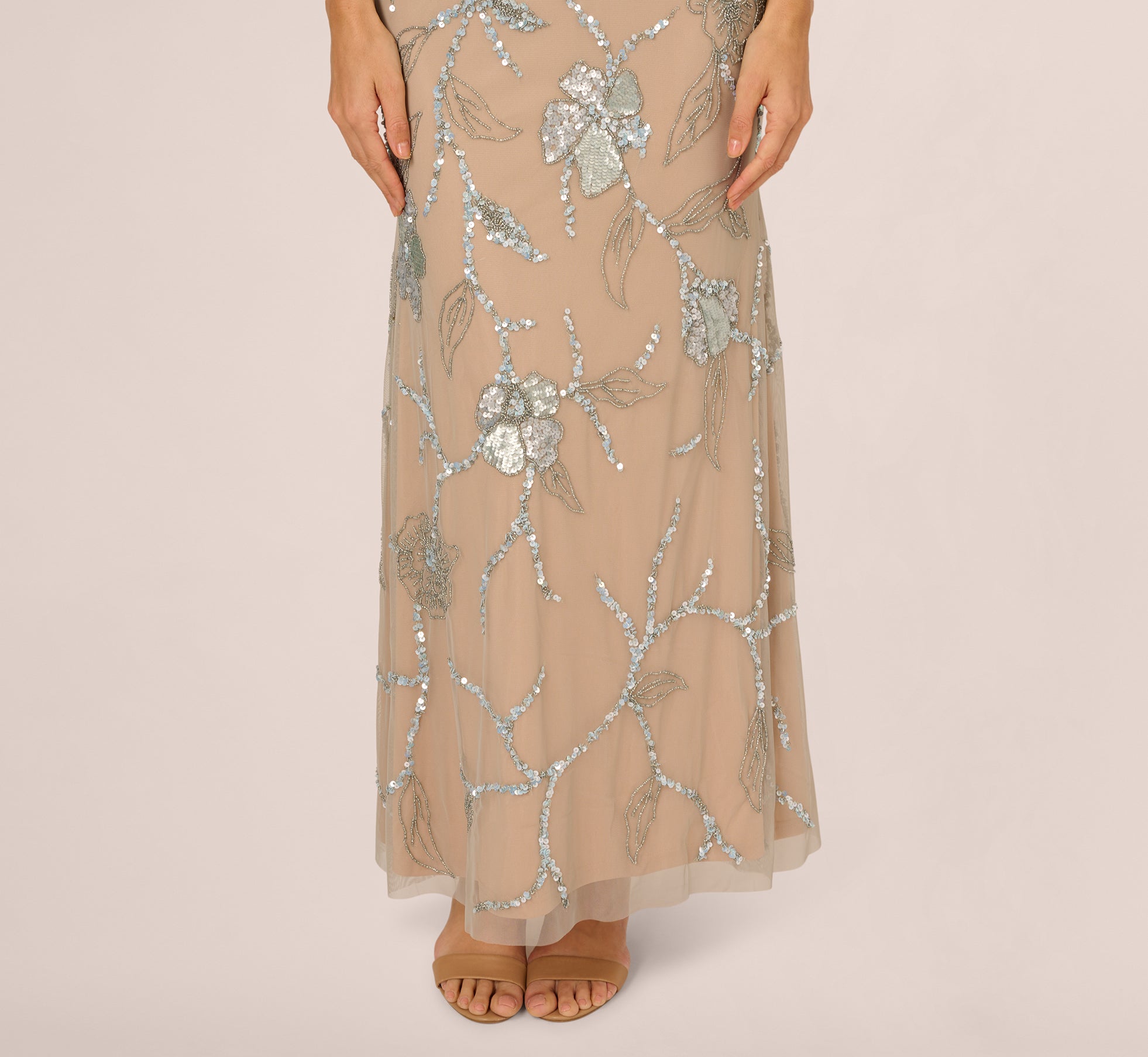 Sleeveless Square Neck Beaded Mermaid Gown In Frosted Sage Nude、mySite、solidvoid