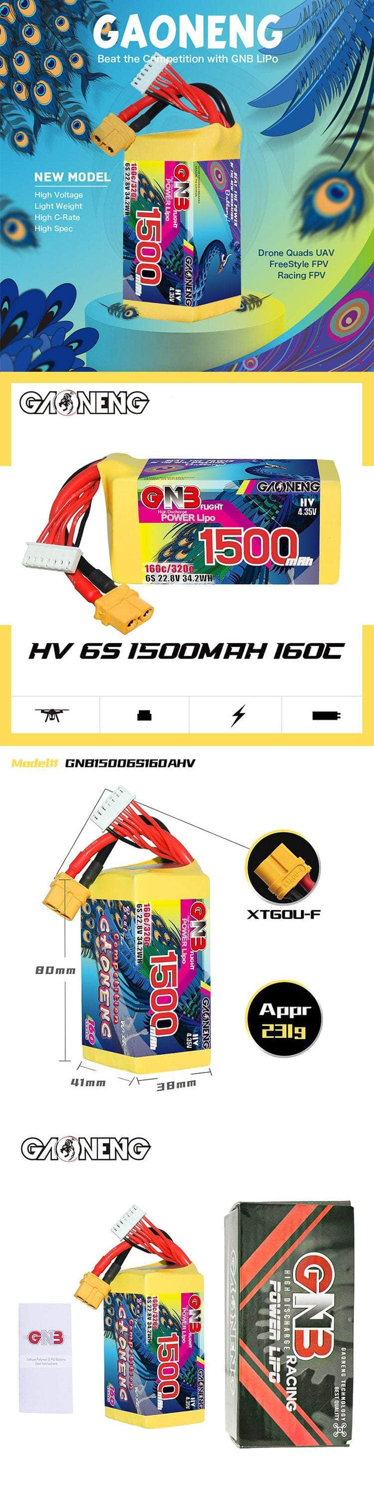 Gaoneng GNB 22.8V 6S 1500mAh 160C LiHV Battery - XT60
