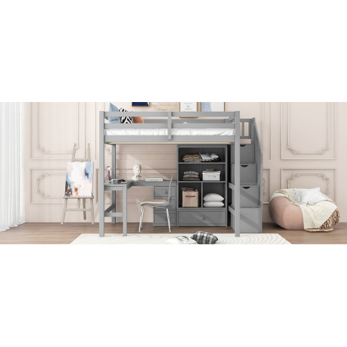 Twin Size Loft Bed with L-Shaped Desk and Drawers, Cabinet and Storage Staircase, White、、casual