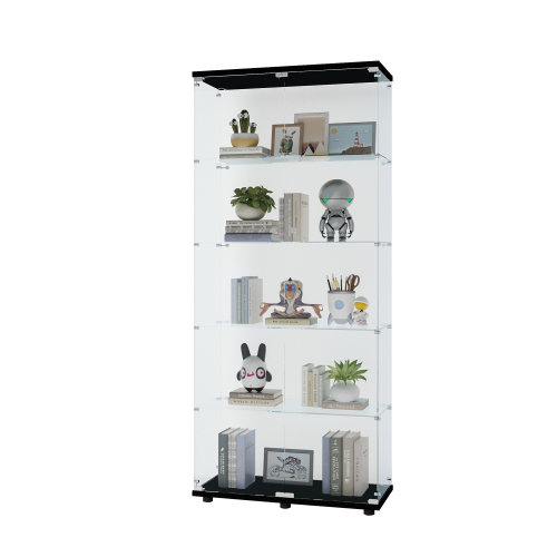 Glass Display Cabinet with 5 Shelves Double Door, Curio Cabinets for Living Room, Bedroom, Office, Black Floor Standing Glass Bookshelf, Quick Installation、、casual
