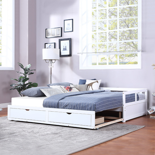 Wooden Daybed with Trundle Bed and Two Storage Drawers , Extendable Bed Daybed,Sofa Bed for Bedroom Living Room,White、、casual