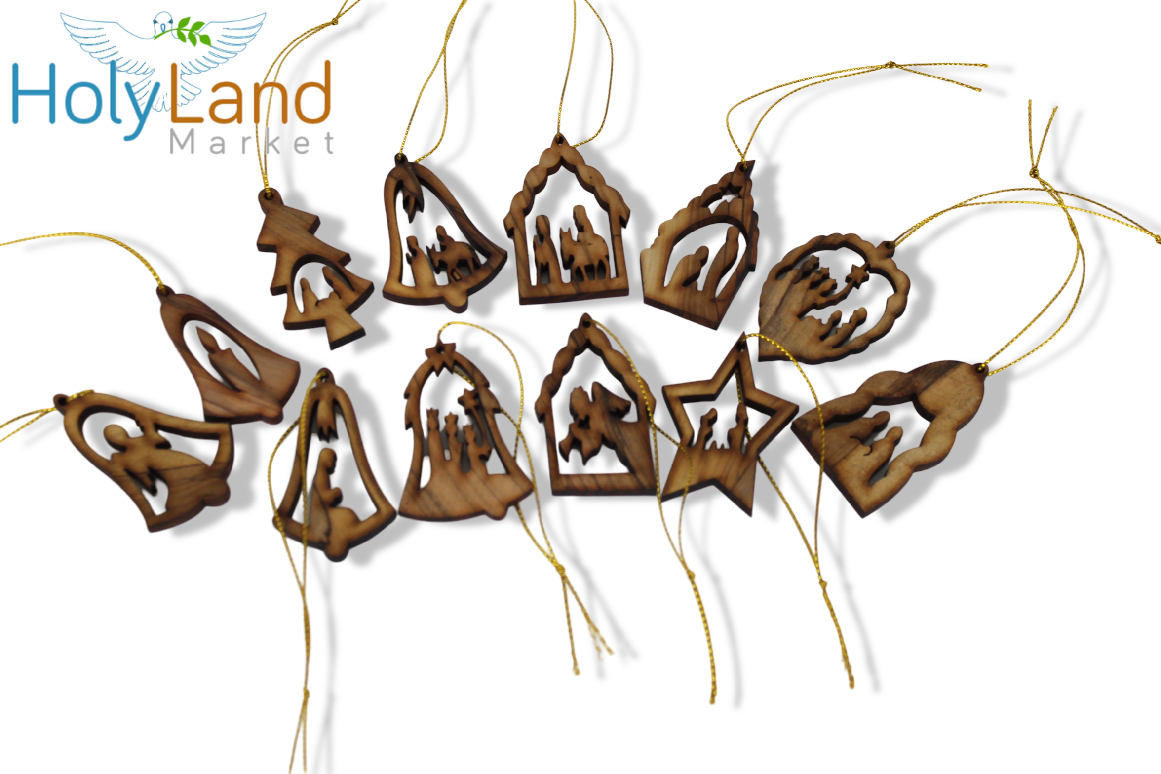 Holy Land Market Olive Wood Ornaments - Set of 12 Flat Christmas Decorations with Nativity Story Booklet, Inspirational Hand Carved Christmas Decor, Christian Christmas Ornaments from Bethlehem、mySite、topwebapps