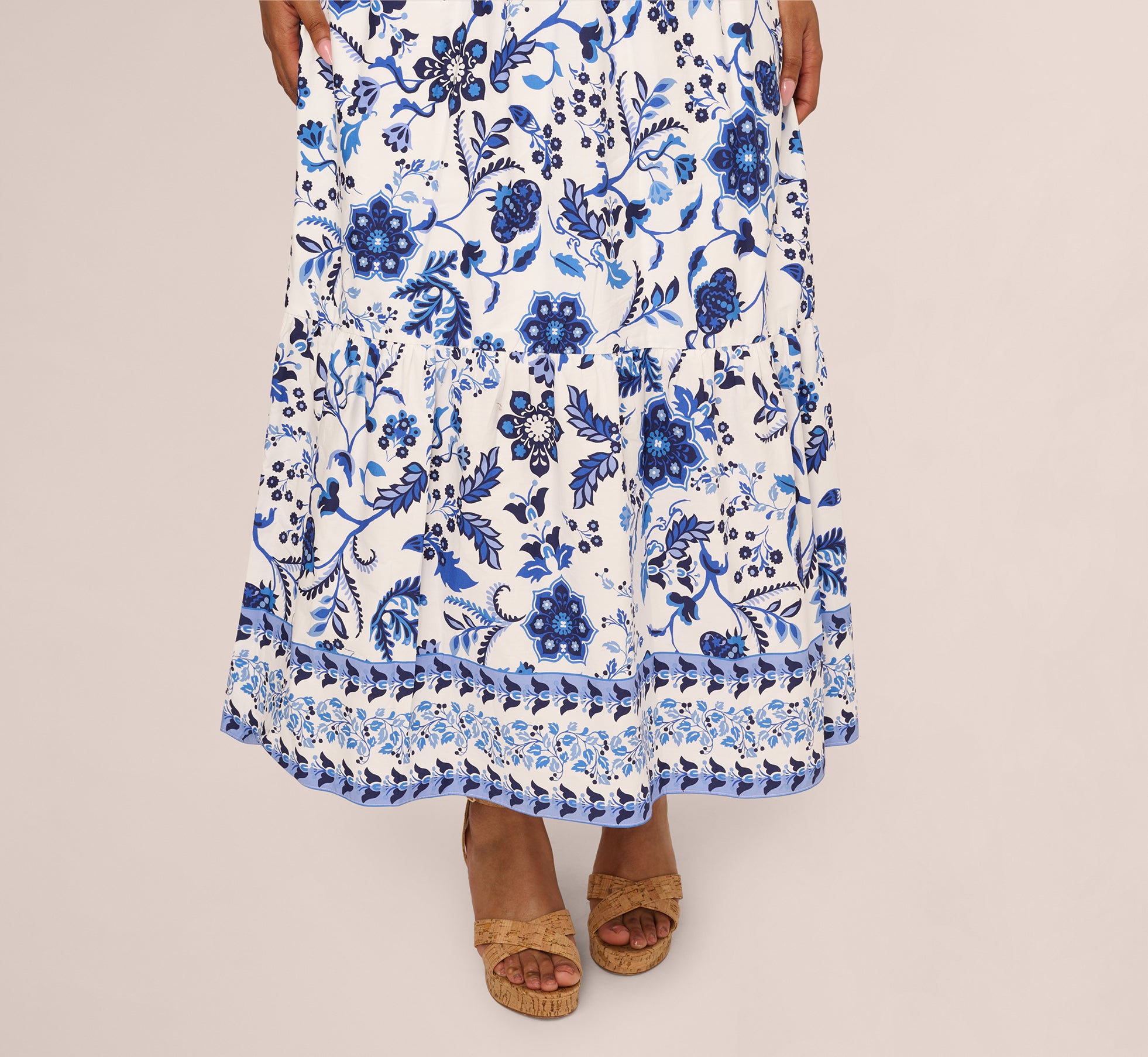 Plus Size Sleeveless Ruffle Collar Printed Midi Dress In White Blue Multi、mySite、solidvoid