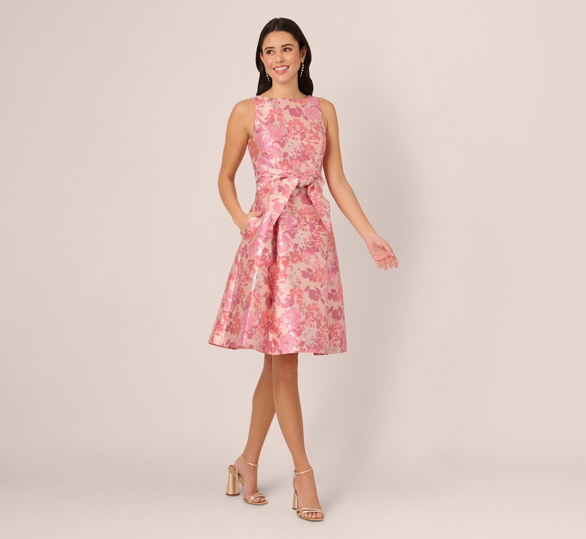 Sleeveless Floral Jacquard Fit And Flare Dress In Pink Multi、mySite、solidvoid