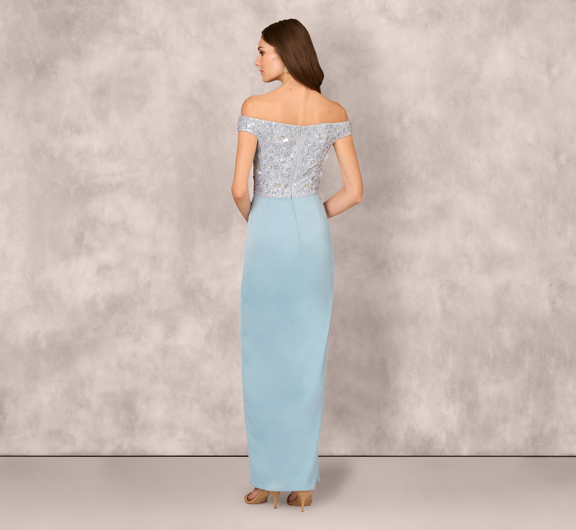Off Shoulder Beaded Satin Combo Long Dress In Clear Water、mySite、solidvoid