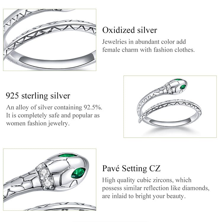 Snake Ring Sterling Silver Green CZ Eyes Open Design、mySite、g9winljtr