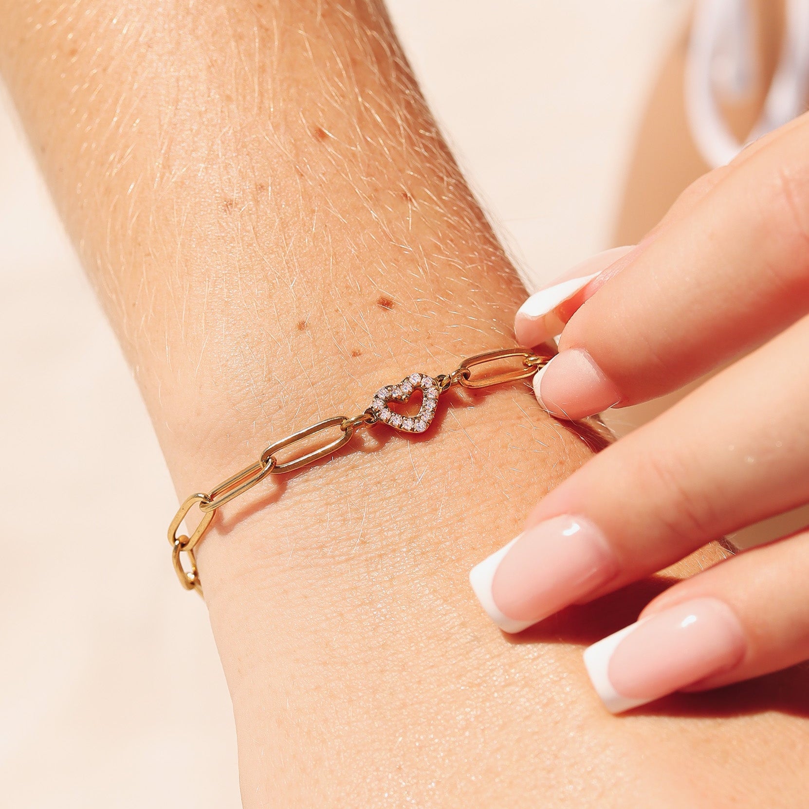 18K Gold PVD Stainless Steel Stone Heart Paperclip Chain Bracelet / BRJ1006、mySite、dreamappss