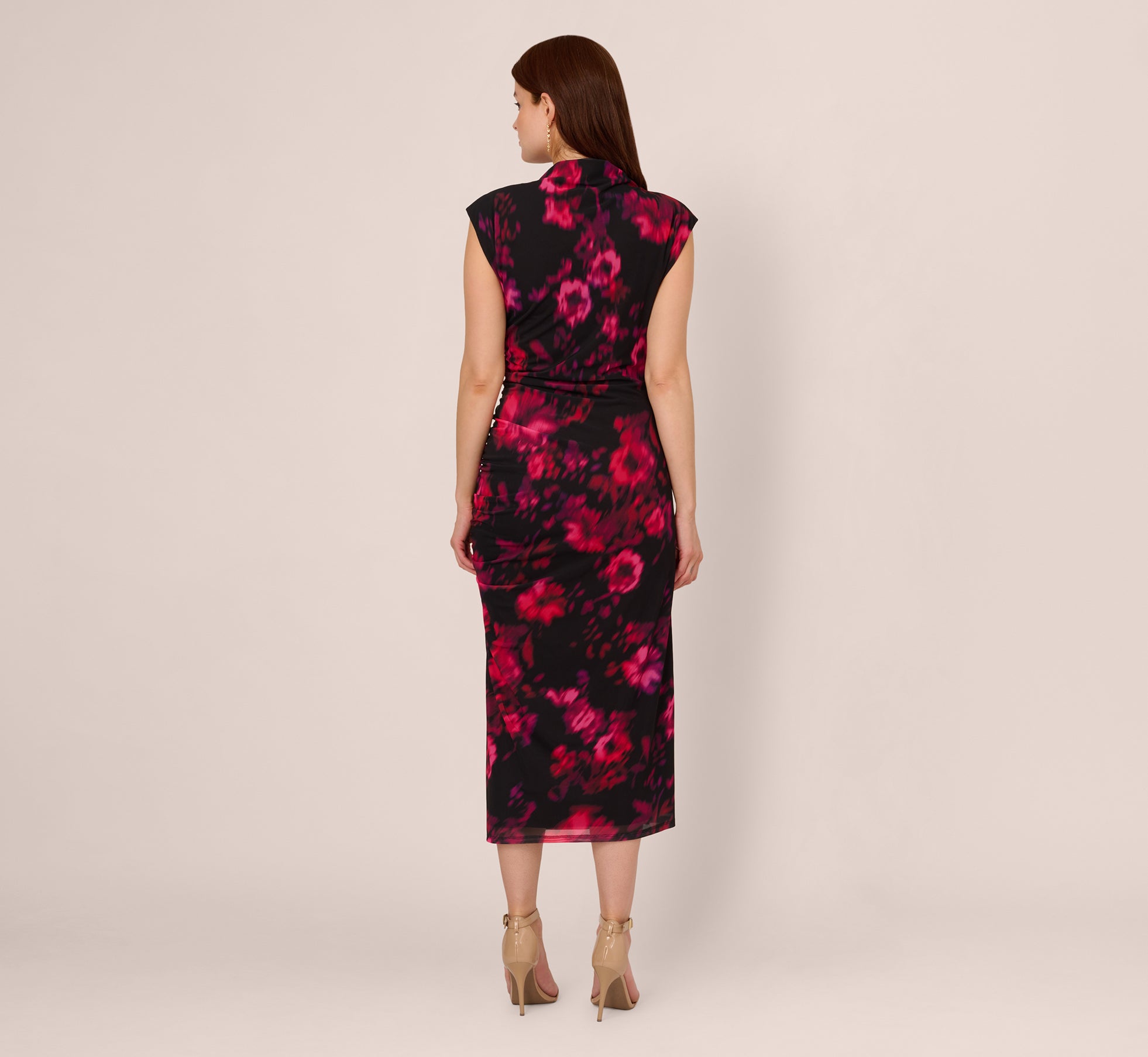 Floral Print Jersey Ankle Length Dress With Draped Details In Black Pink Multi、mySite、solidvoid