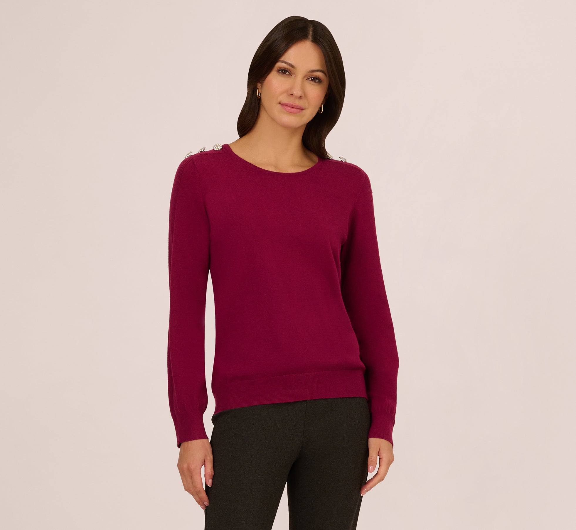 Ribbed Detail Embellished Pullover Sweater In Wine Berry、mySite、solidvoid