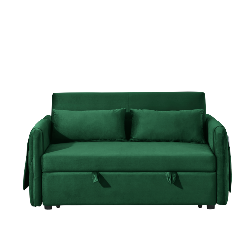 55" Modern Convertible Sofa Bed with 2 Detachable Arm Pockets, Velvet Loveseat Sofa with Pull Out Bed, 2 Pillows and Living Room Adjustable Backrest, Grid Design Armrests、、casual