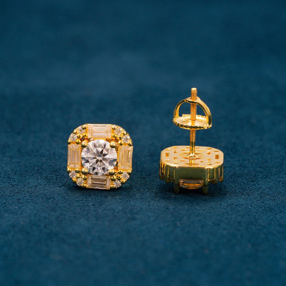 Moissanite Baguette Halo Stud Earrings 14K Gold、mySite、hinf8tx79