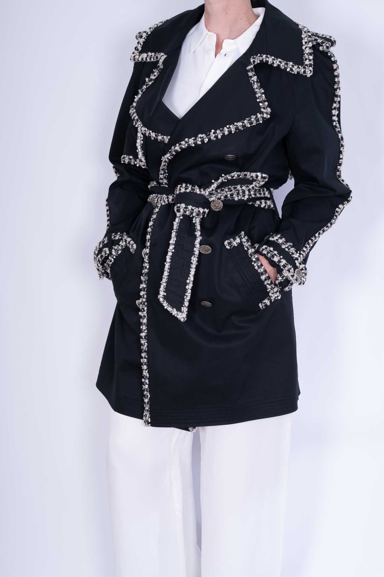 Chanel Vintage Black Trench Coat with Tweed and Chain-Link Trim Rare、mySite、garminoutage.com