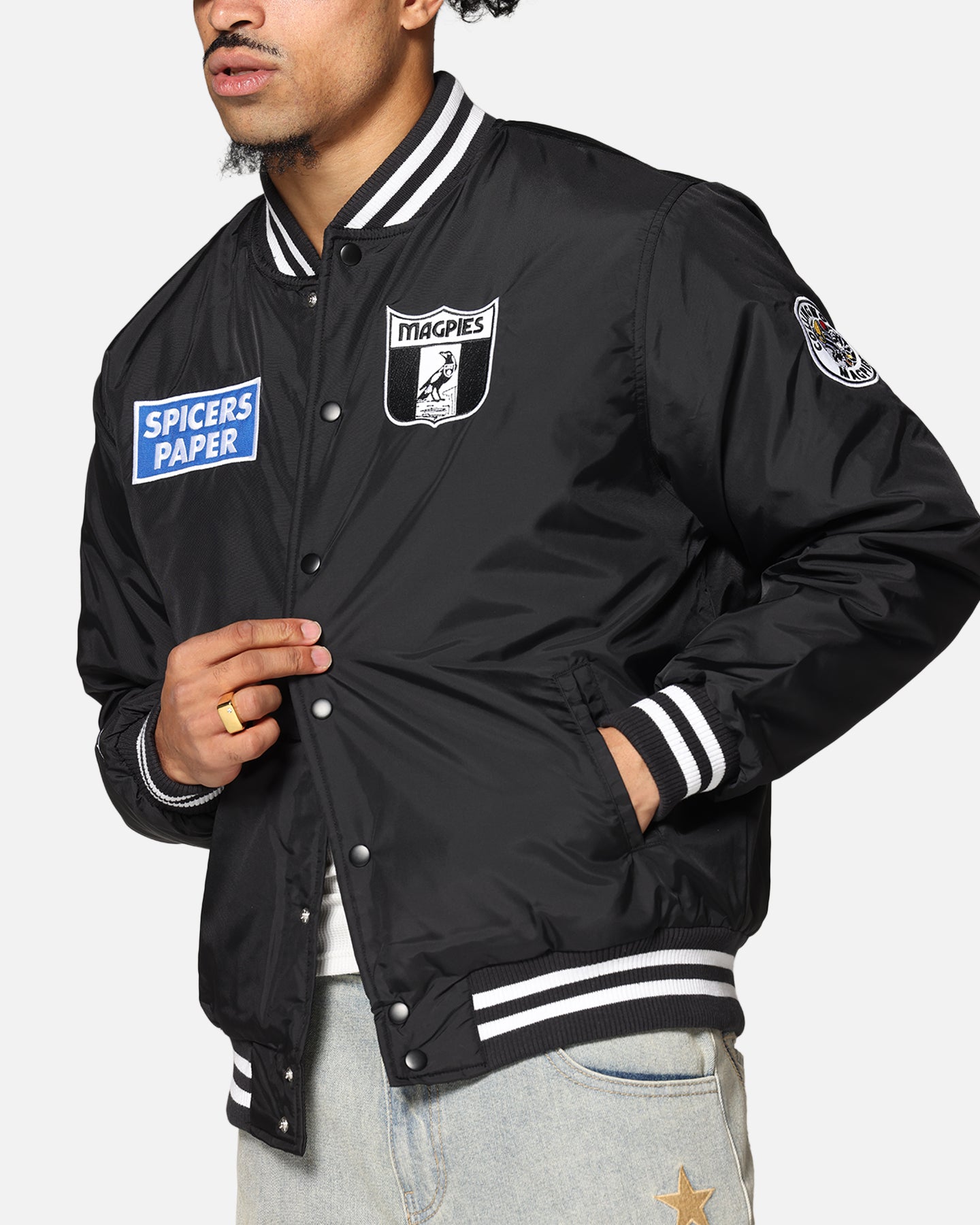 Mitchell & Ness Collingwood Magpies Team Bomber Jacket Solid Black、mySite、zt4zffjzw