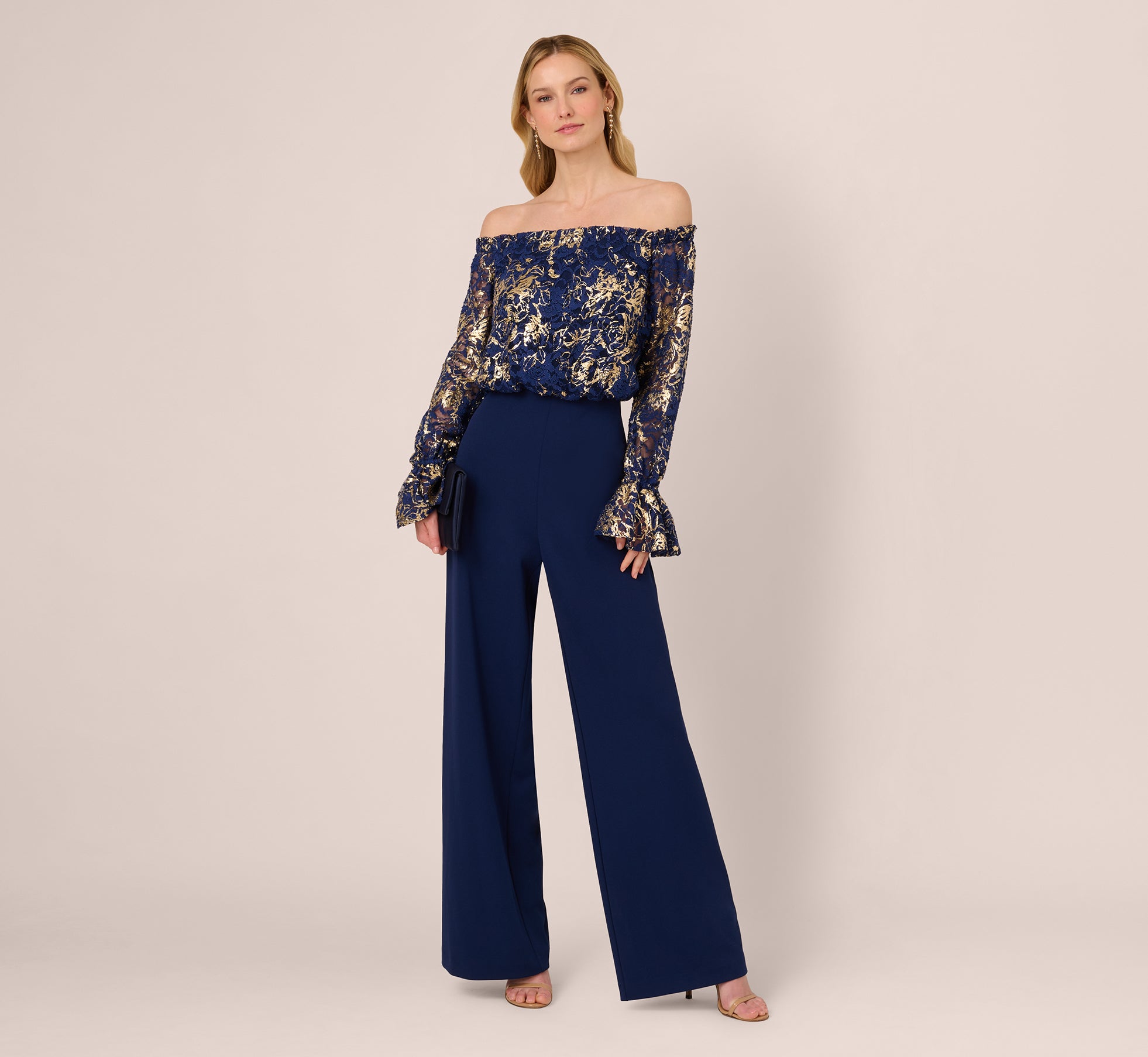 Lace And Crepe Jumpsuit In Navy Gold、mySite、solidvoid