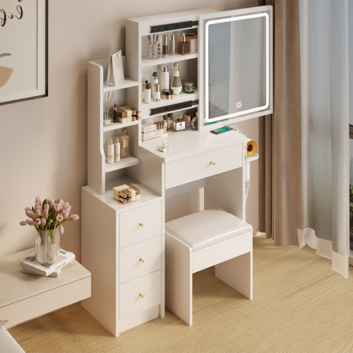 29.2" Small Size Left Bedside Cabinet Vanity Table + Cushioned Stool, Large Sliding, Touch Control, Tri-color Switching, Brightness Adjust LED Mirror, High Capacity Storage, Suitable for Small Space、、xpatfood