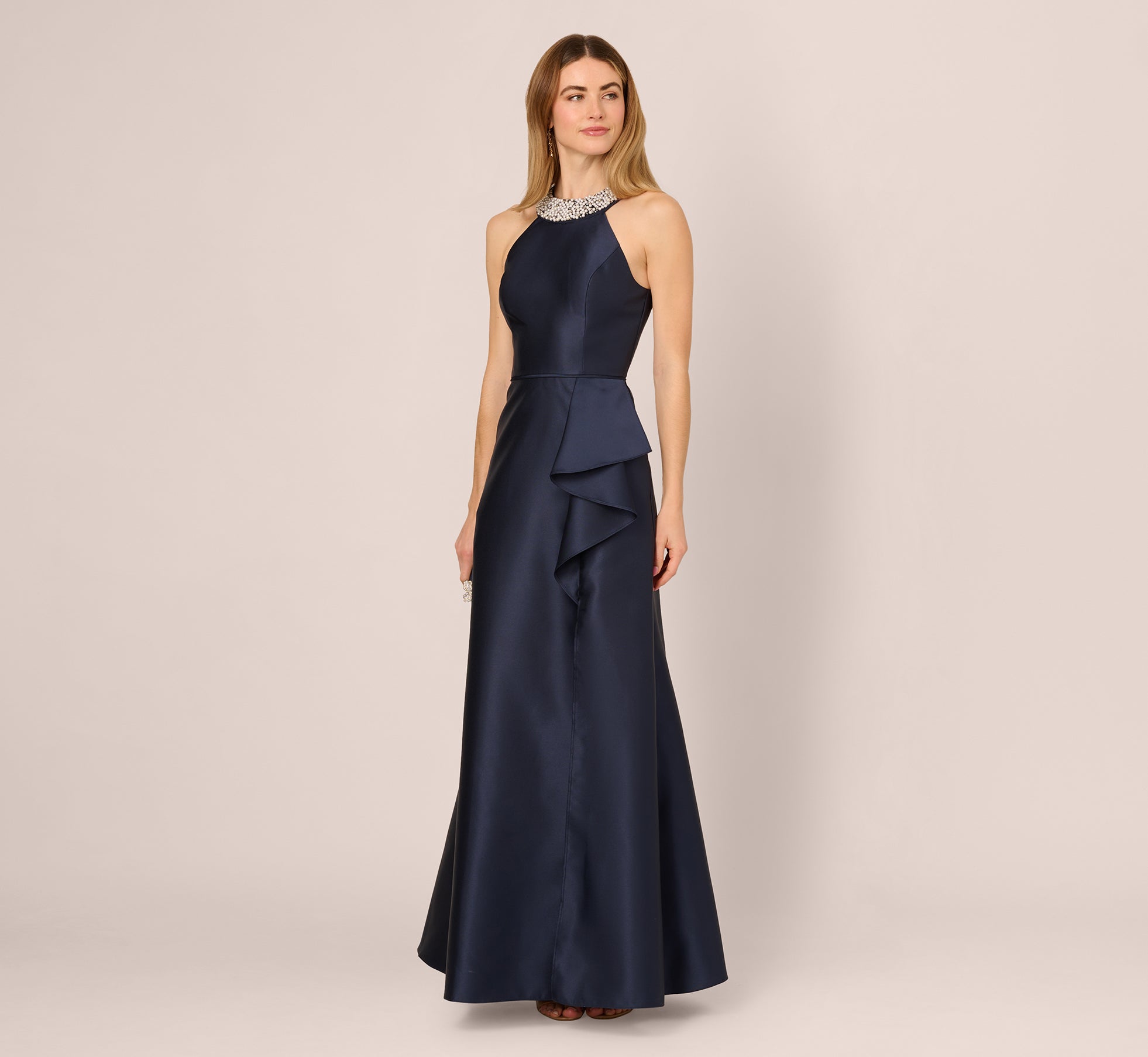 Beaded Halter Draped Mikado Gown In Midnight、mySite、solidvoid