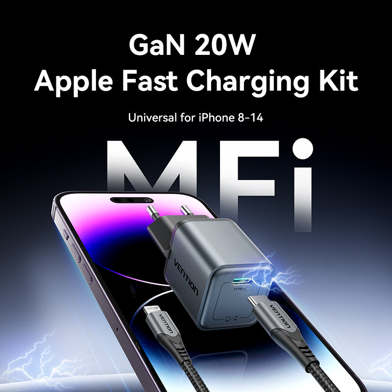 Vention 1-Port USB-C GaN Charger (20W) Gray with USB-C to Lightning Cable (1M) Black EU-Plug、mySite、fannypackpong