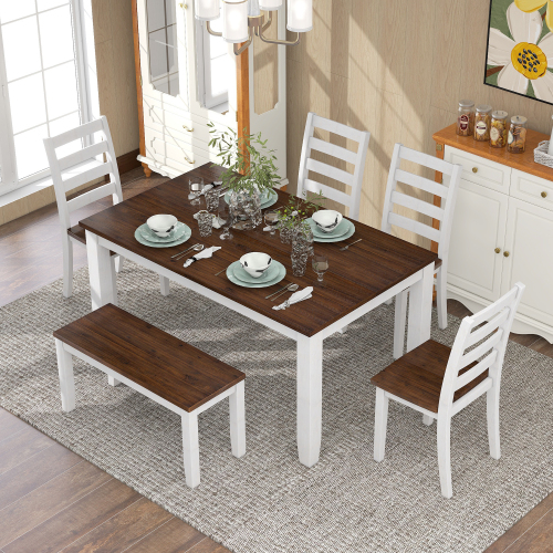 TREXM Rustic Style 6-Piece Dining Room Table Set with 4 Upholstered Chairs & a Bench (Brown + Whitewash)、、casual