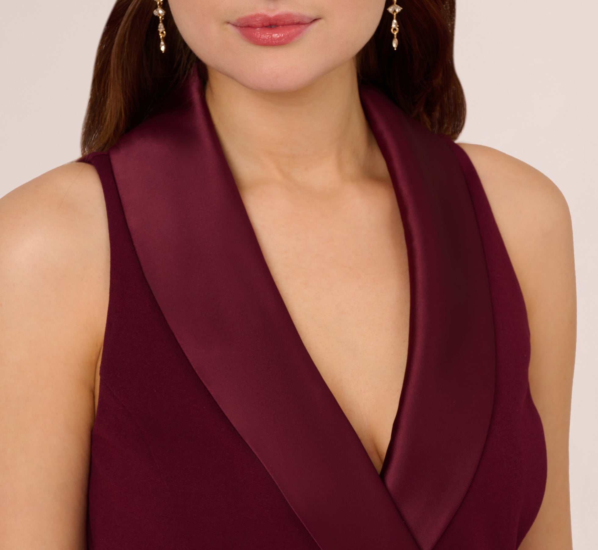 Sleeveless Crepe Tuxedo Dress With Charmeuse Accents In Cabernet、mySite、solidvoid