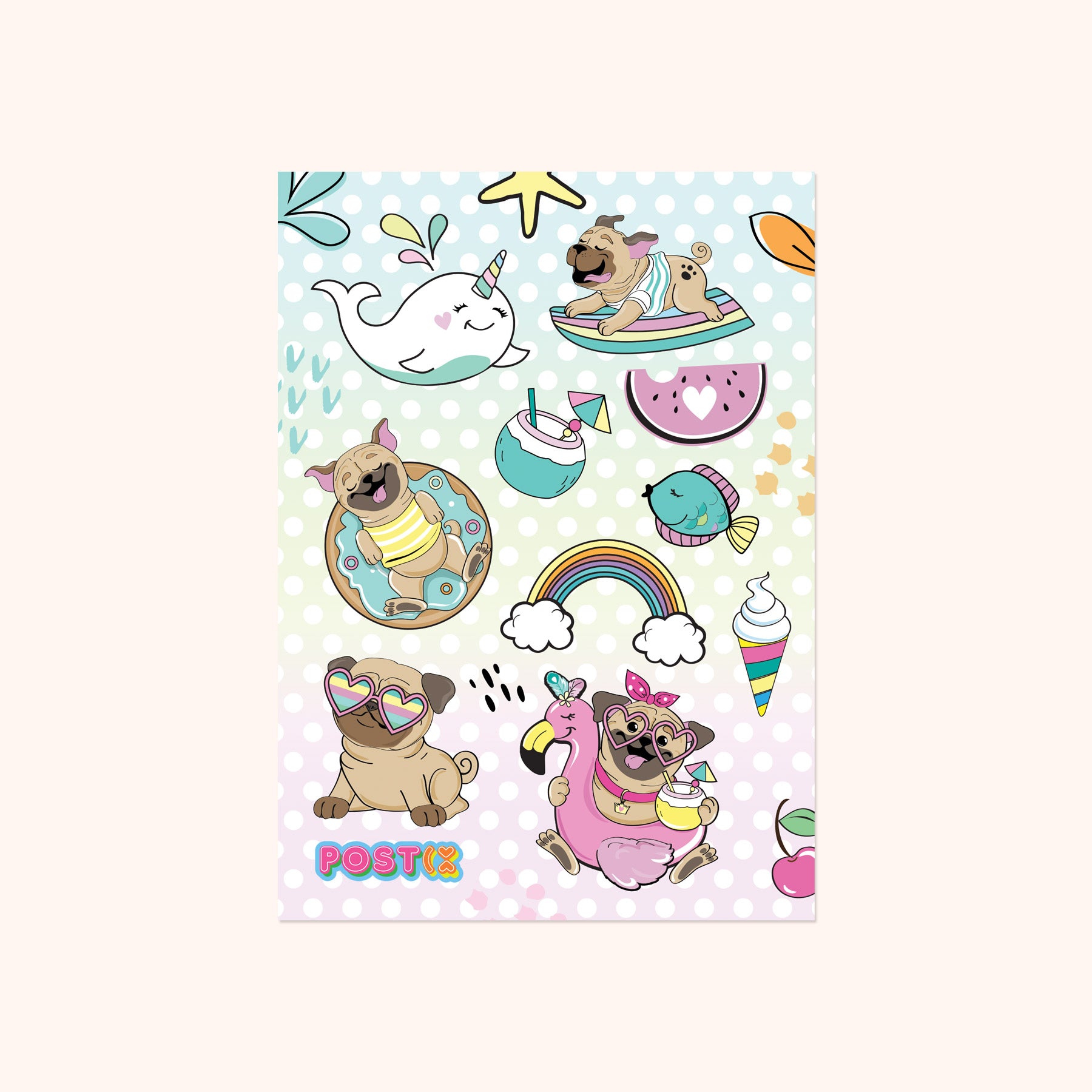  Summertime Pugs Sticker Sheet、mySite、ghnorth