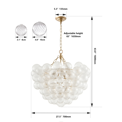 27.5-Inch Gold Pendant Light Chandelier with Threaded Clear Glass Globe Shade – Adjustable Height, Ideal for Living Room, Dining Room, Kitchen (No Bulbs)、、eastwooduniform