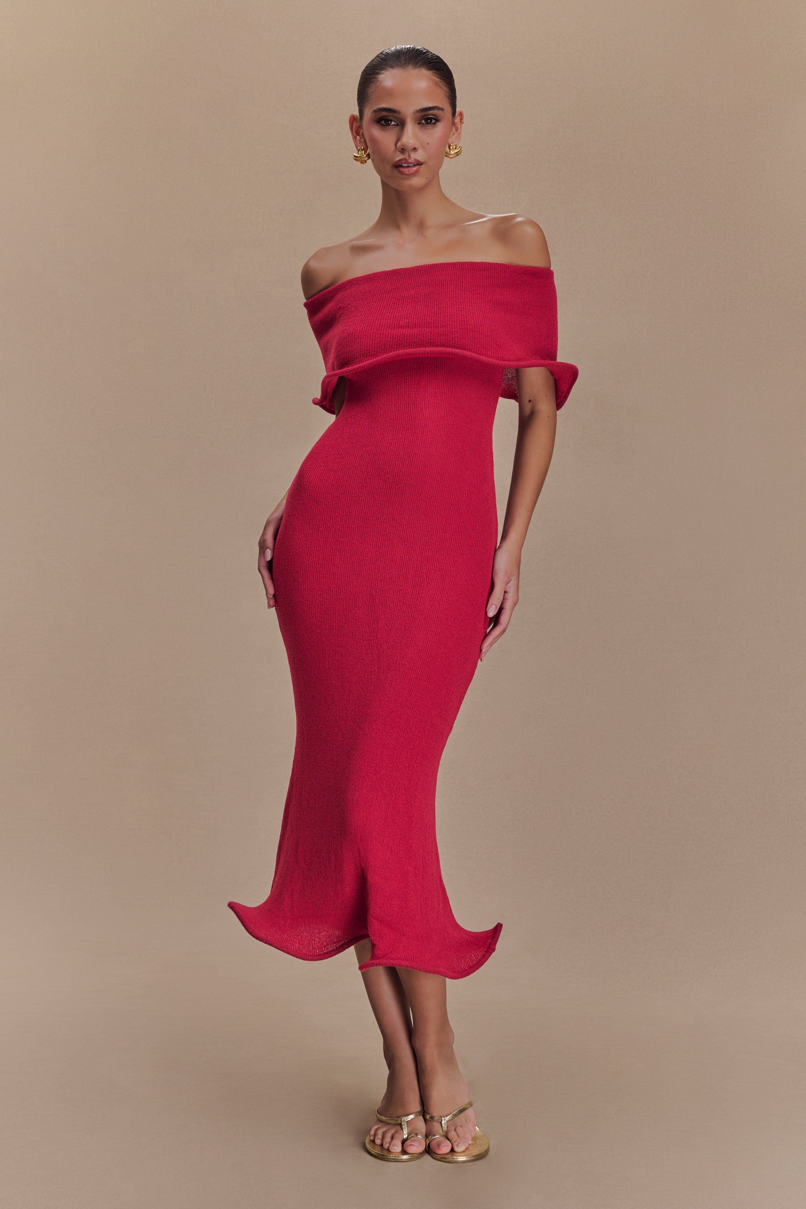 Molly Off Shoulder Knit Midi Dress - Raspberry、mySite、solidvoid