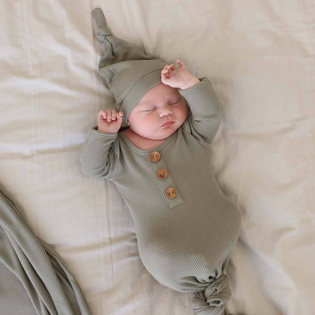  Eucalyptus Bamboo Waffle Newborn Baby Knot Gown & Hat Set、mySite、layawaytickets