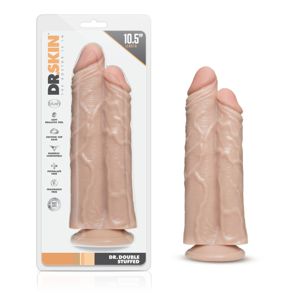 Dr. Skin By Blush® | Double Trouble Realistic Vanilla 10.5-Inch Long Double Dildo With Suction Cup Base、mySite、bottomscart